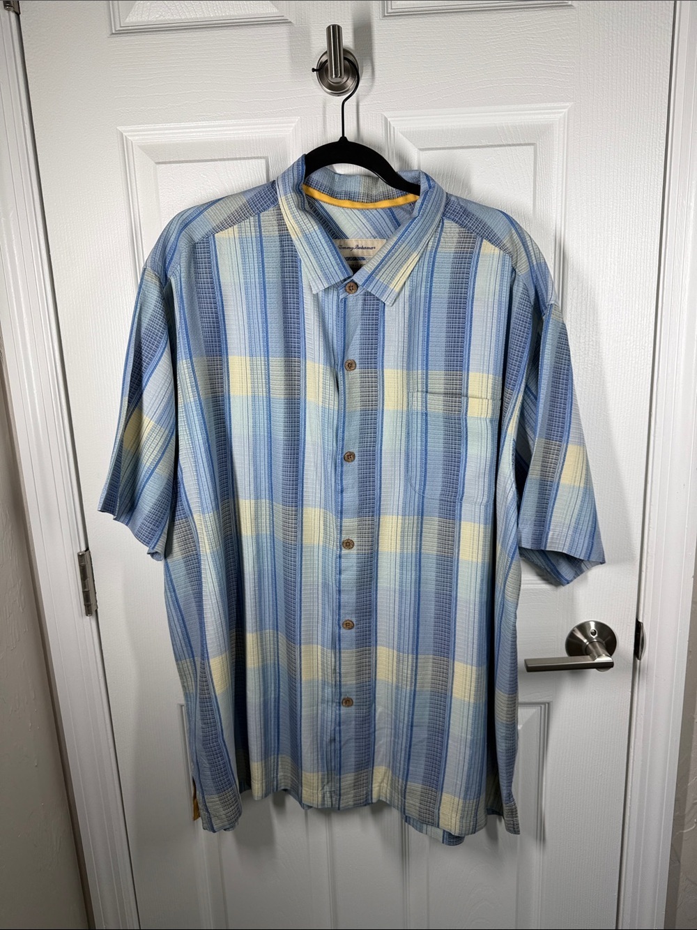 Tommy Bahama 100% silk yellow and blue plaid casual button down shirt size XXLT